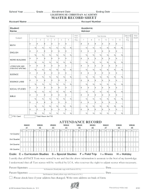 Lighthouse Christian Academy Master Record Sheet