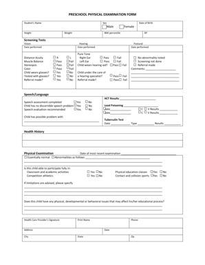 Preschool Physical Examination Form