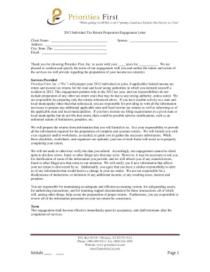 2012 Individual Tax Return Preparation Engagement Letter