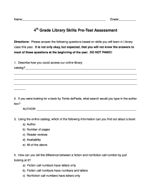 4th Grade Library Skills Pre-Test Assessment