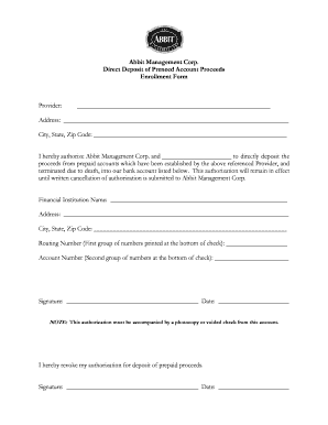 Abbit Management Corp Direct Deposit Authorization
