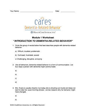 Dementia-Related Behavior Worksheet