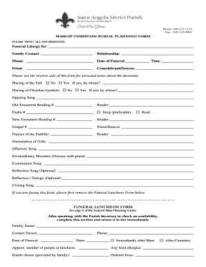 Mass of Christian Burial Planning Form