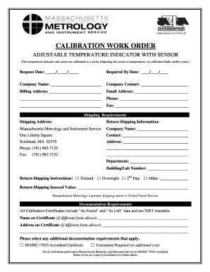Calibration Work Order for Temperature Indicator