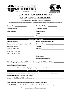 Calibration Work Order for Non-Adjustable Thermometers