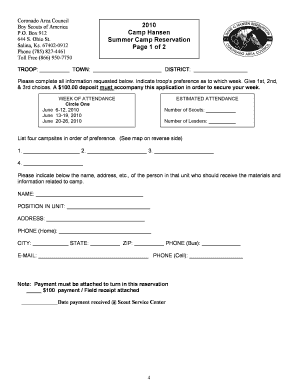 Boy Scouts of America Camp Reservation Form