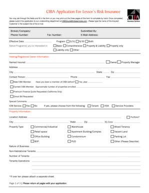 CIBA Lessor’s Risk Insurance Application