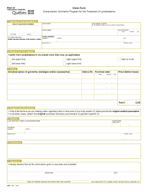 Claim Form for Lymphedema Compression Garments