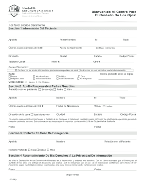Formulario de registro de paciente del Centro para el Cuidado de los Ojos
