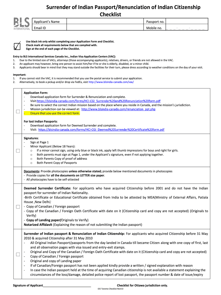 Fillable Online Surrender of Indian Passport/Renunciation of Indian