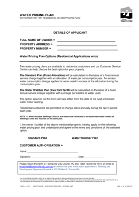 Residential Water Pricing Plan Application