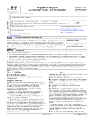 Form W-9 Request for Taxpayer Identification Number and Certification