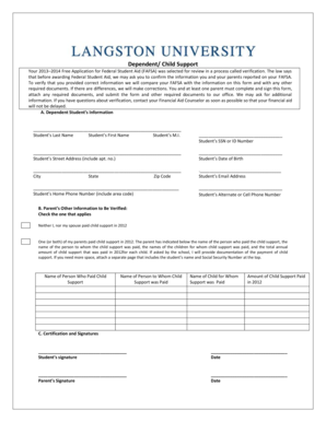 FAFSA Verification Form for Child Support