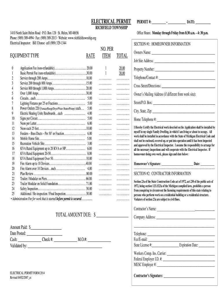 Electrical Permit Application - Richfield Township Preview on Page 1