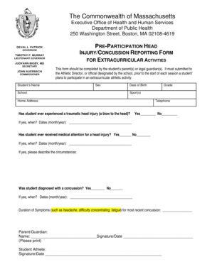 Massachusetts Pre-Participation Head Injury/Concussion Reporting Form