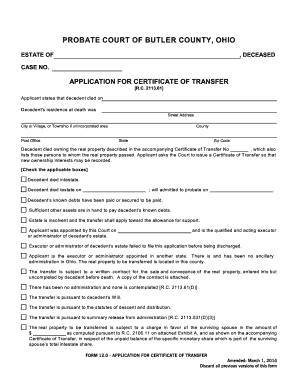 Ohio Application for Certificate of Transfer