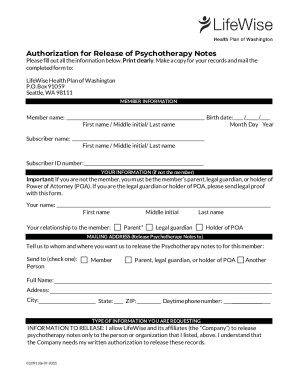 Authorization for Release of Psychotherapy Notes