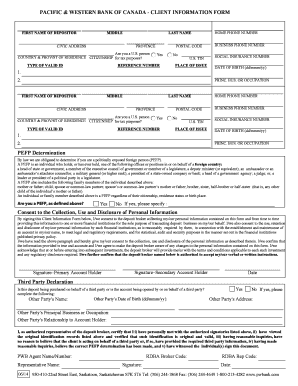 Pacific & Western Bank of Canada Client Information Form