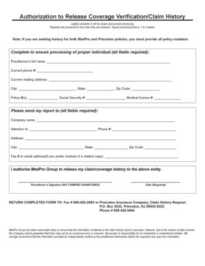 Authorization to Release Coverage Verification/Claim History