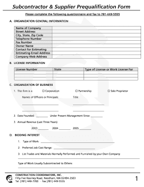 Subcontractor & Supplier Prequalification Form