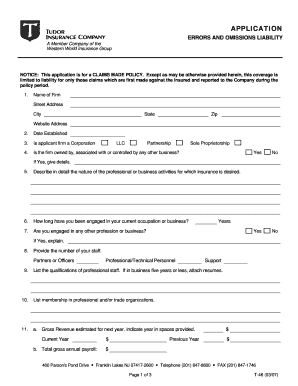 Errors and Omissions Liability Application