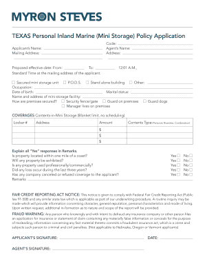 Texas Personal Inland Marine Mini Storage Policy Application