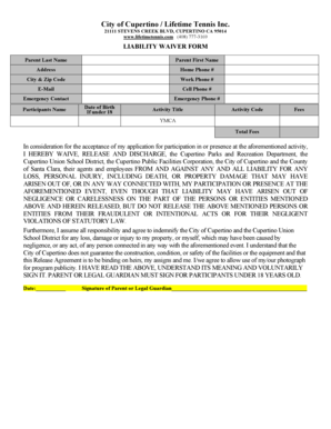 Liability Waiver Form for Cupertino Parks and Recreation