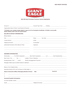 Bulk Gift Card Purchases Customer Account Application