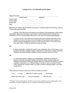 Disorders of the Spine Medical Provider Form