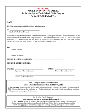 Notice of Intent to Enroll in Interdistrict Public School Choice Program