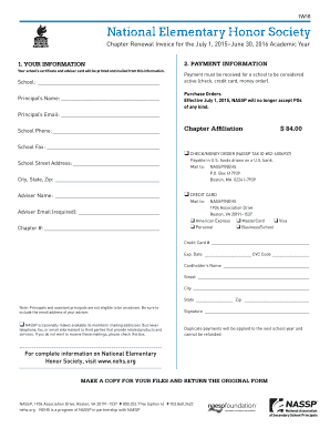 National Elementary Honor Society Renewal Invoice