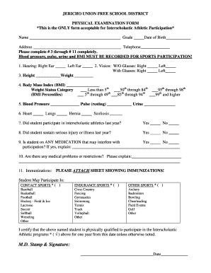 Jericho Union Free School District Physical Exam Form