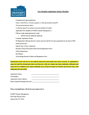 New Resident Application Packet Checklist