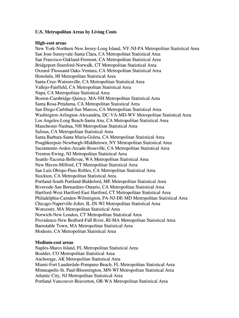 Fillable Online Metropolitan Areas by Living Costs Fax Email Print