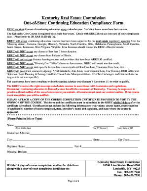 Kentucky Real Estate Commission Continuing Education Compliance Form