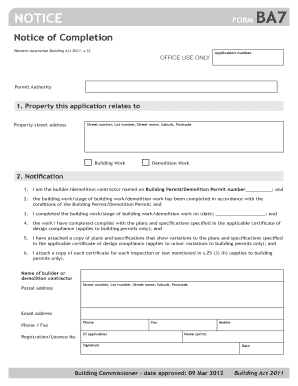 Western Australian Notice of Completion Form BA7