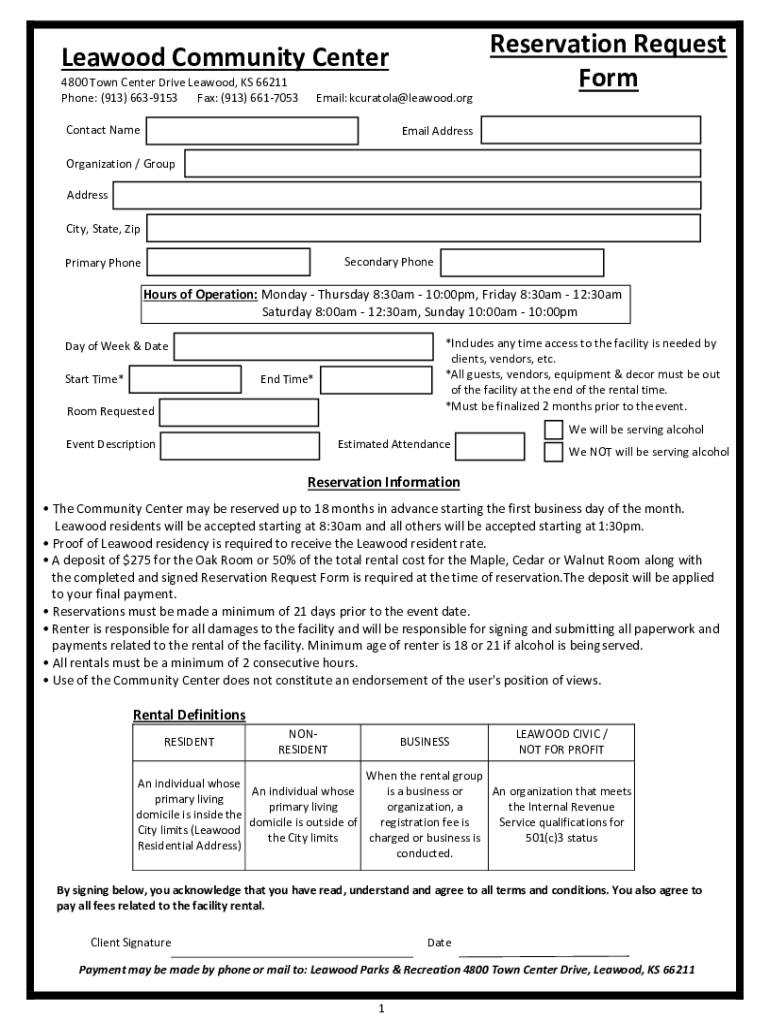 2022-2026 Form KS Community Center Packet - City of Leawood - Blank ...