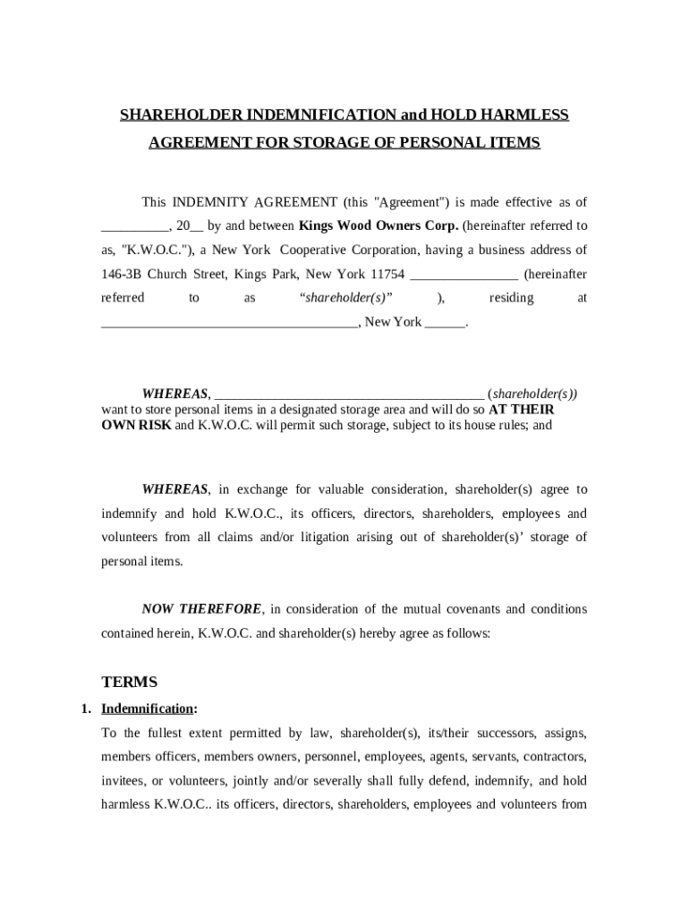 Hold Harmless Agreement for StorageUS Legal s Doc Template pdfFiller