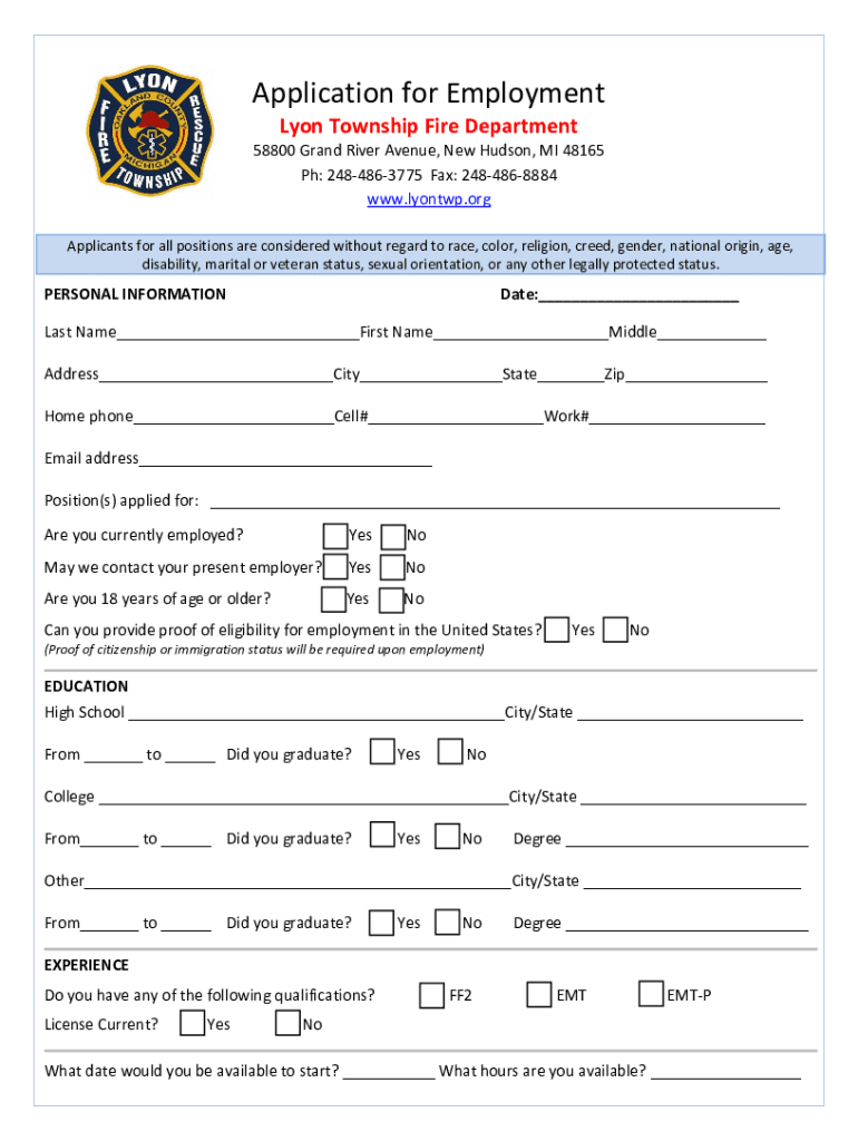 Application for Employment - Lyon Township Fire Department Preview on Page 1