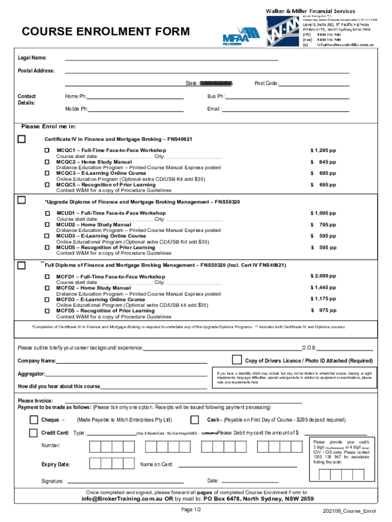 Fillable Online COURSE ENROLMENT FORM - Broker Training Preview on Page 1