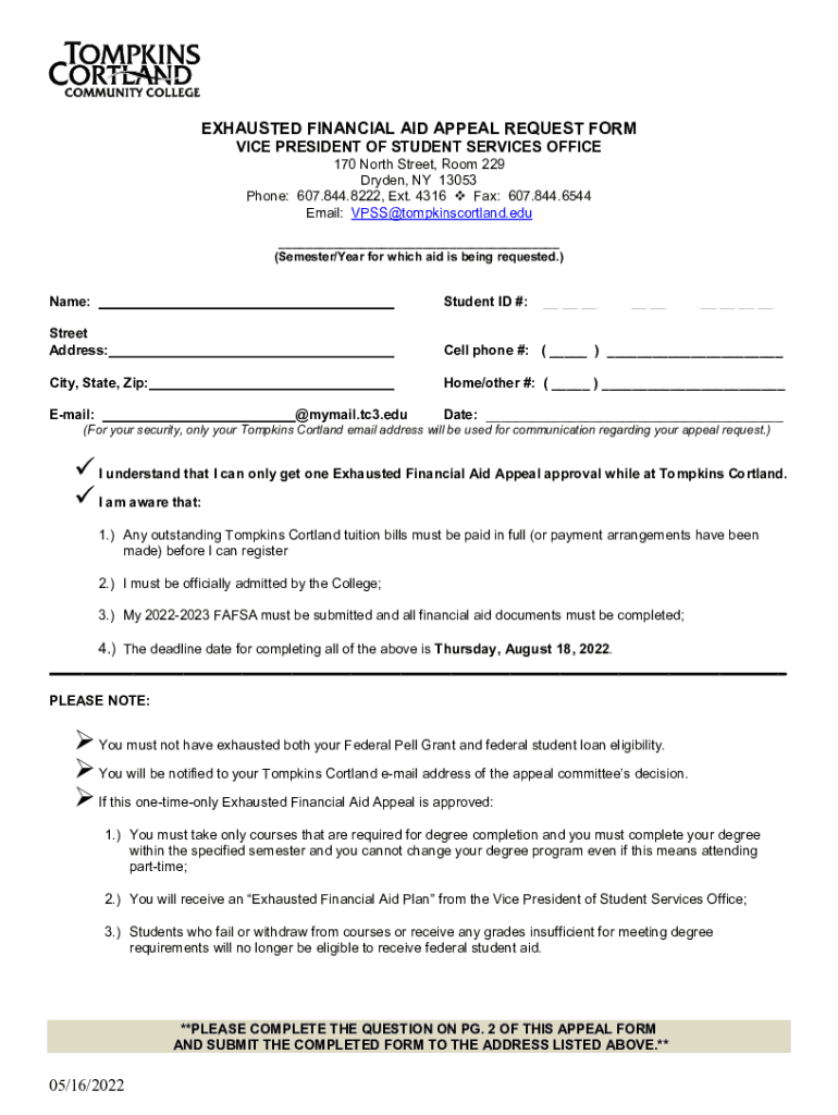 EXHAUSTED FINANCIAL AID APPEAL REQUEST FORM VICE Preview on Page 1