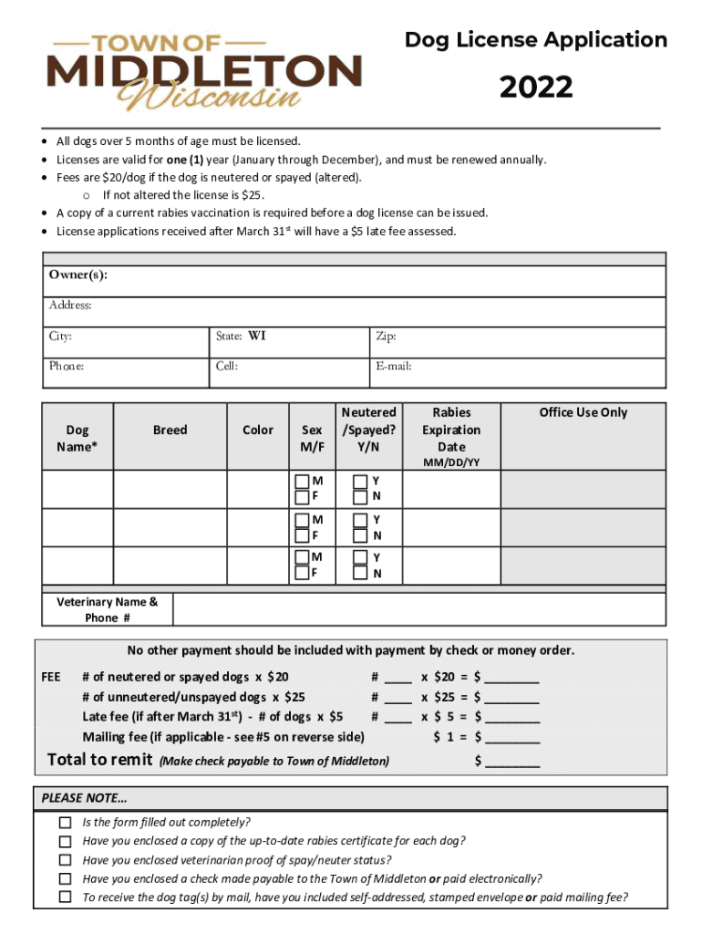WI Dog License Application Town Of Middleton 2022 Fill and Sign