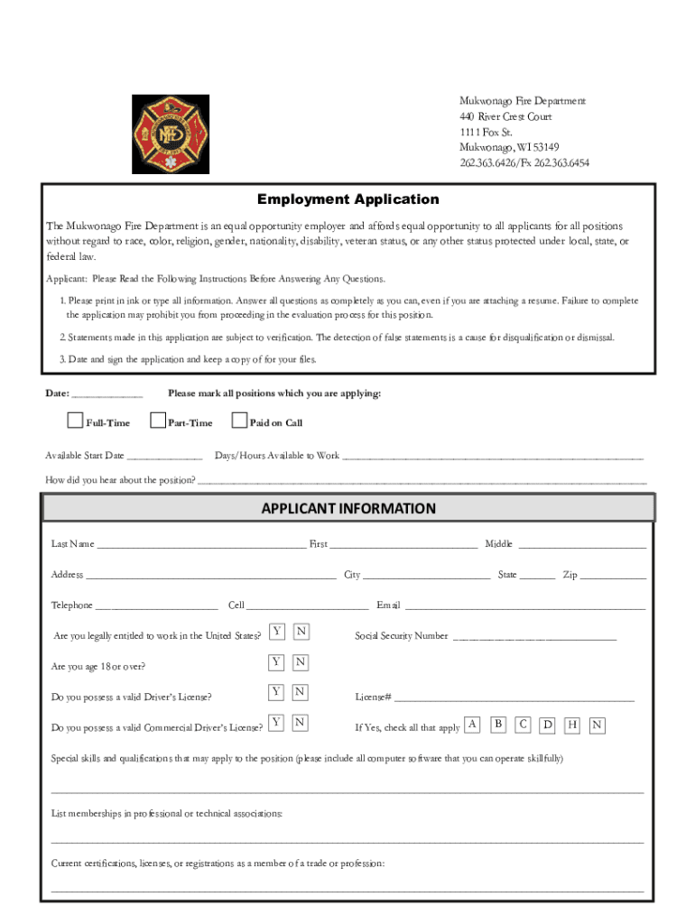 Employment Application - Mukwonago Fire Department Preview on Page 1