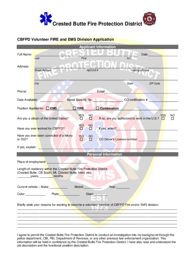 Fillable Online Employment application Crested Butte Fire Protection