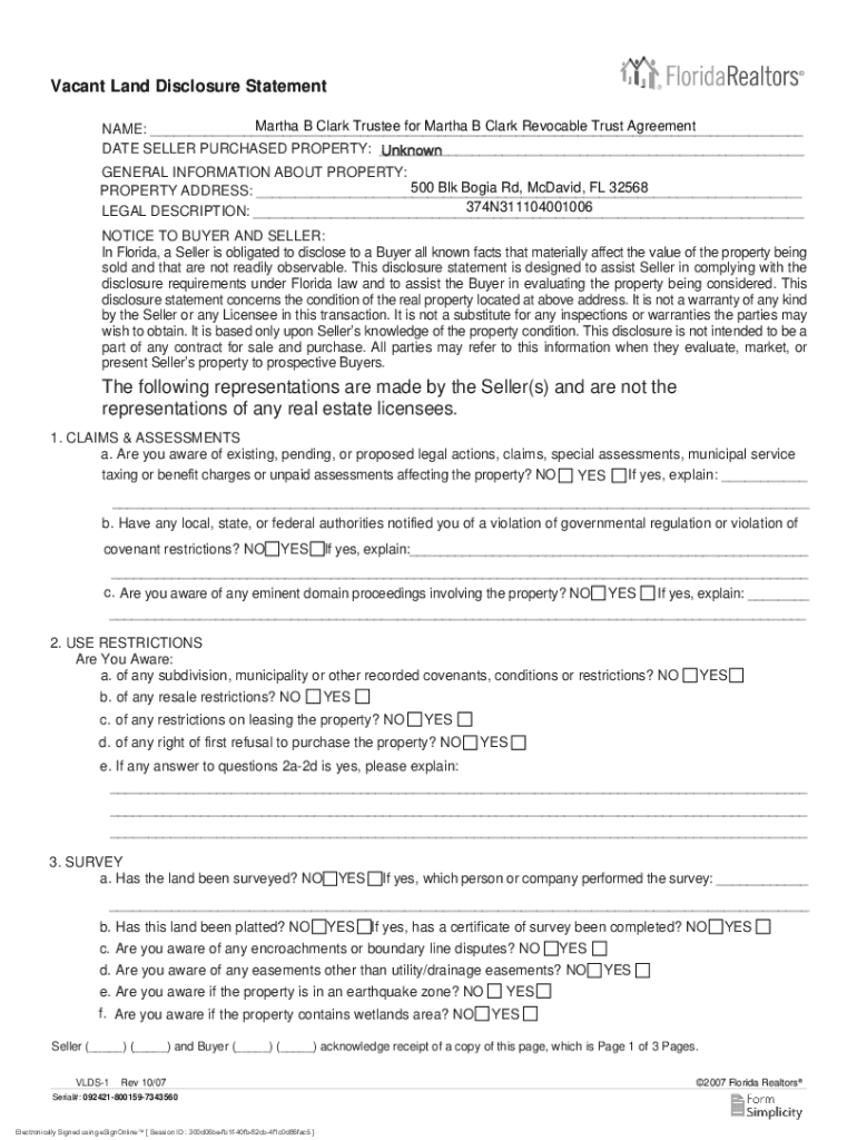 Fillable Online seller's disclosure statement for vacant land only (for