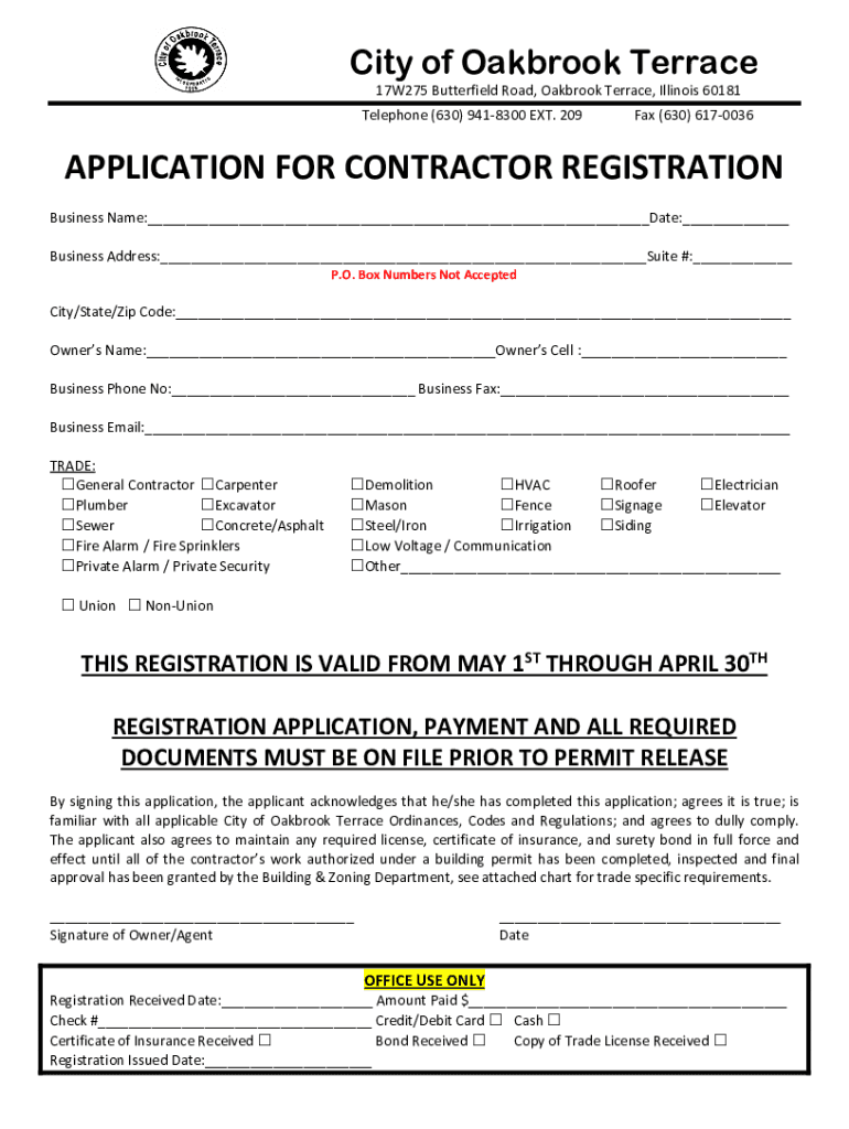 oakbrookterrace sites defaultAPPLICATION FOR CONTRACTOR REGISTRATION Preview on Page 1