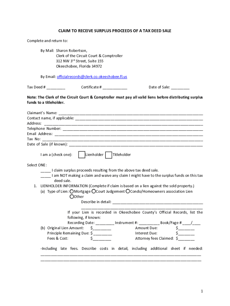 CLAIM TO RECEIVE SURPLUS PROCEEDS OF A TAX DEED Preview on Page 1