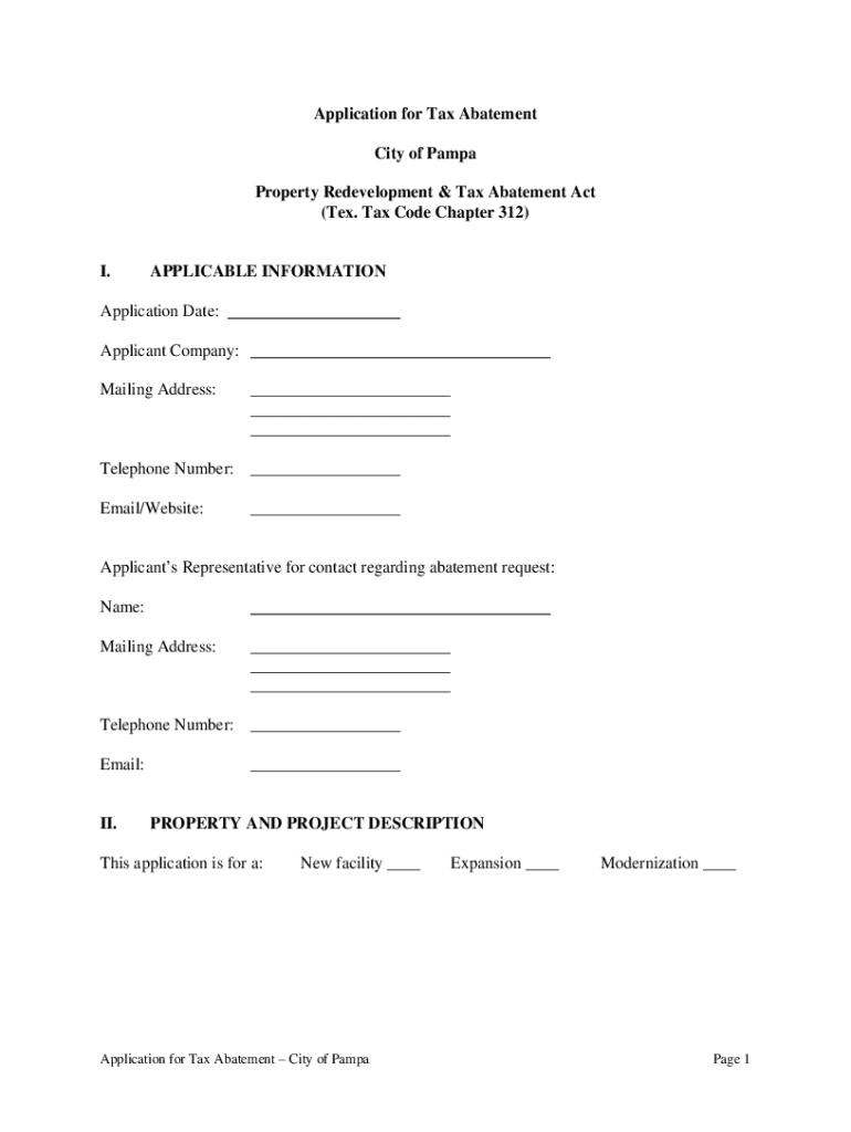 Fillable Online Application for Tax Abatement City of Pampa Property