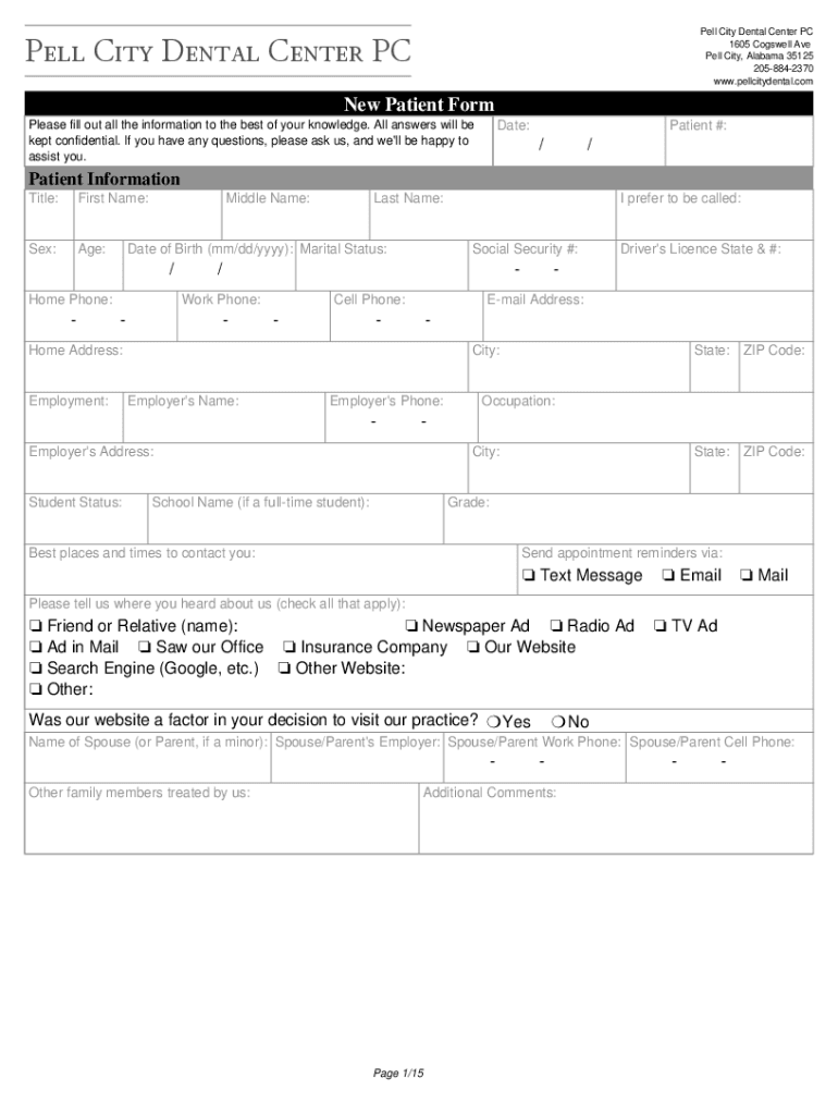 Pell City Dental Center PC New Patient Forms Pell City Dental Center PC New Patient Forms Preview on Page 1