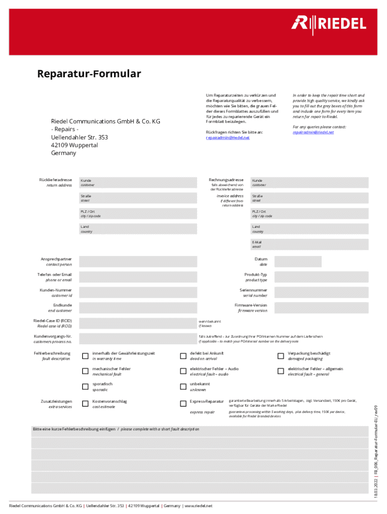 Reparaturformular - repair form - Riedel Communications Preview on Page 1